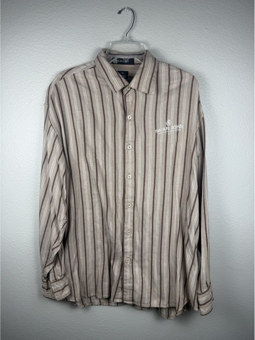 Vintage Sean John Shirt Mens XL Brown Striped Button Up Embroidered Y2K Hip Hop